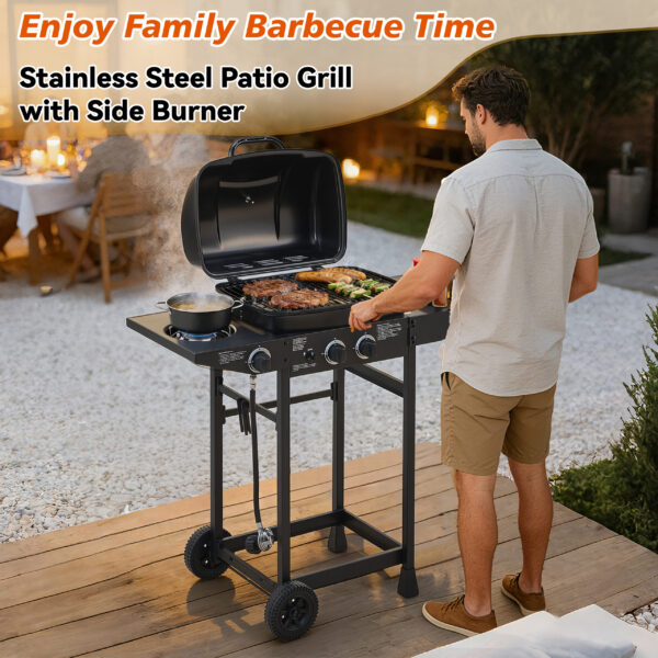 2 Burner BBQ Propane Gas Grill With Side Burner 24000 BTU Output Stainless Steel Barbecue Grill With Enameled Grates And Side Tables For Outdoor Cooking Kitchen And Patio Backyard - Image 2