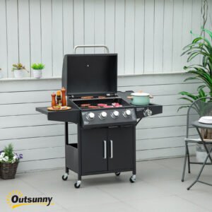 52" Barbecue Grill with Wheels 4+1 Burner Liquid Propane Gas Grill Outdoor Cabinet Style BBQ Trolley w/ Side Burner, Warming Rack