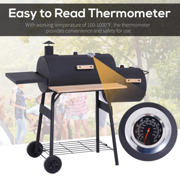 Charcoal BBQ, Portable Grill With Wheels, All-in-One Grill, Side Vent, Two Shelves And Metal Grating, Lit-Mounted Thermometer, Wooden Handle, For Outdoor Cooking, Black - Image 3