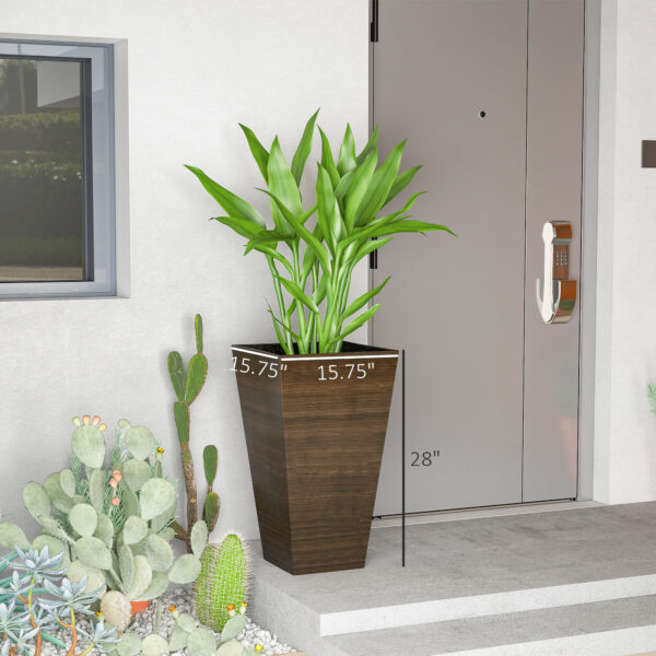 Set Of 3 Tall Planters, 28" Outdoor Planter W/ Drainage Holes, Faux Wood Plastic Flower Pots, Brown - Image 4