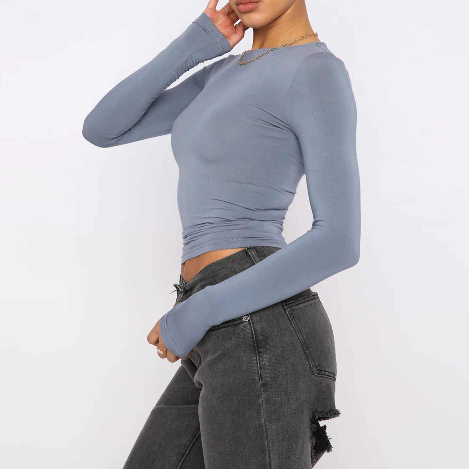 Women's Clothing Fashion Slim Long-sleeved Pullovers Tops Solid Causal Fit Shirts - Image 8