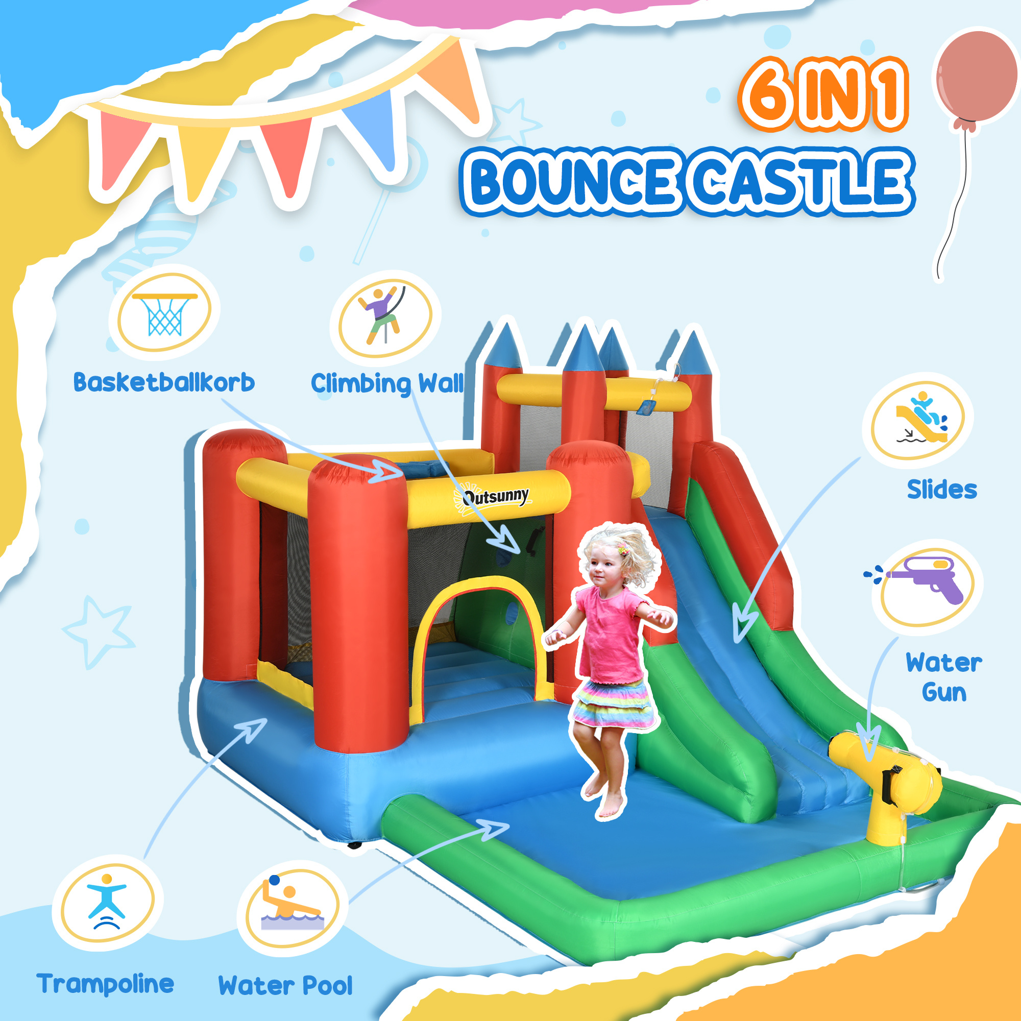 Kids Bounce House Inflatable Slide With Splash Pool, Water Cannon, Climbing Wall, Inflator Included, 6 In1 Bouncy Castle Kids Backyard Activity Outdoor Water Play Toy - Image 4