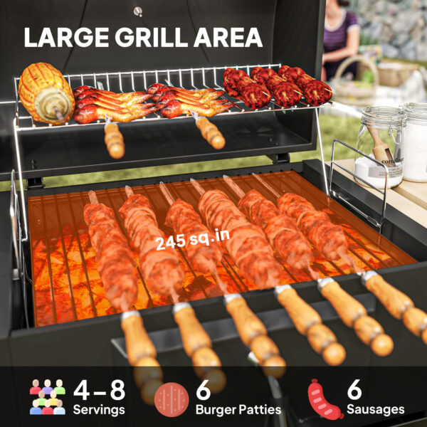 Charcoal BBQ Grill with 245 sq. in. Cooking Area, Adjustable Charcoal Pan, 3 Shelves, Thermometer, Black - Image 6