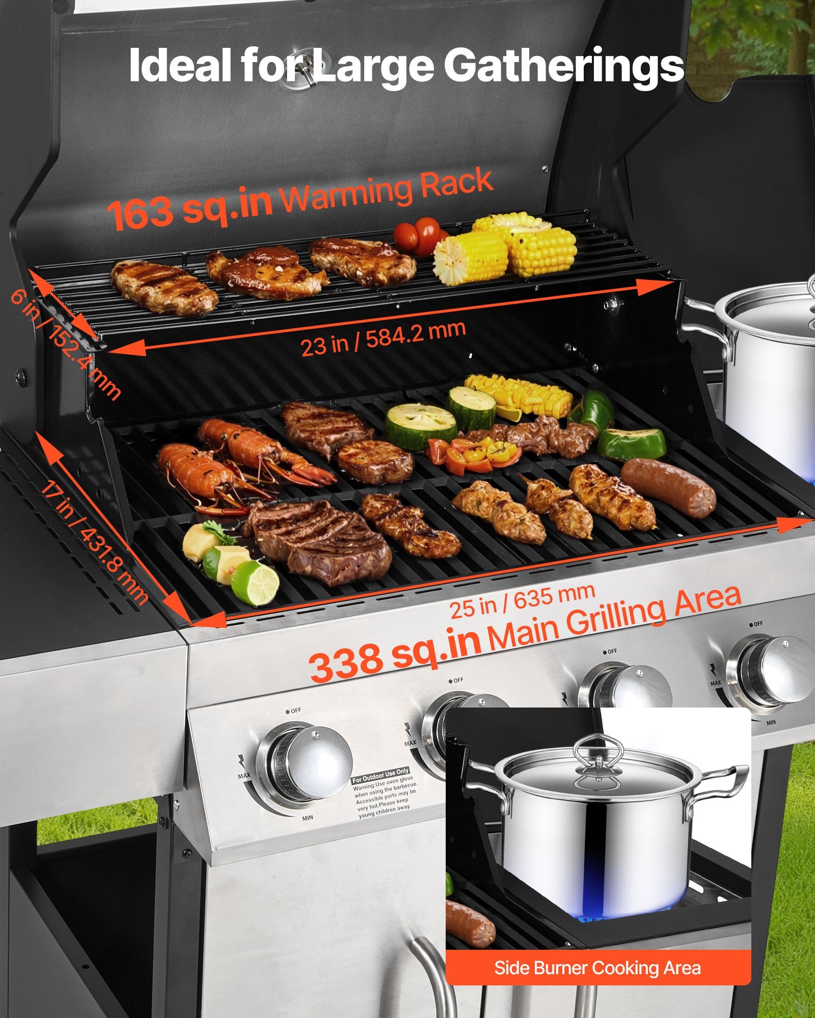 Gas Grill, 4 Burner Propane Gas Grill With Side Burner, 425 SQ.In Grilling Area, Carbon Steel Enamel Grates, Outdoor 52,000 BTU Patio Garden BBQ Grills With Two Side Shelves, Stainless Steel - Image 3