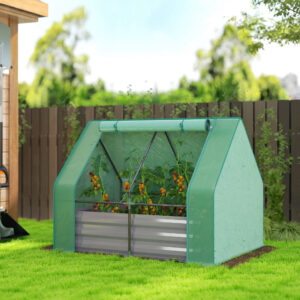 4 X 3 X 1ft Raised Garden Bed With Mini Greenhouse, Galvanized Raised Garden Bed With Cover, Green And Dark Gray