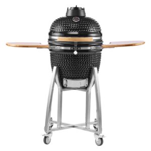Charcoal Smoker And Grill, 18" Kamado Charcoal BBQ Smoker, Movable Ceramic Barbecue Grill With 4 Wheels (2 Lockable), Built-in Thermometer, Air Vents & Side Shelf For Outdoor Patio Yard Cooking