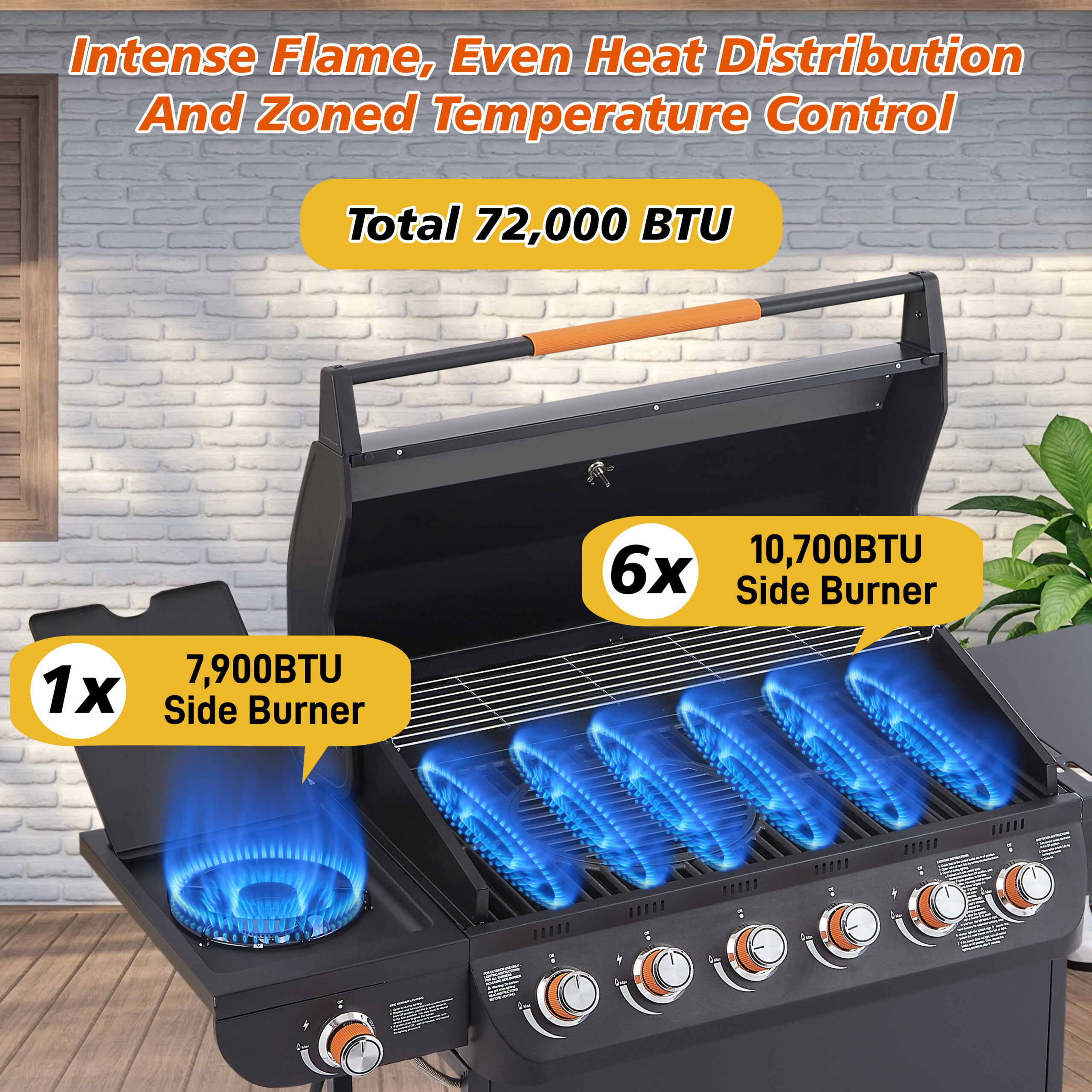 6 Burner BBQ Propane Gas Grill With Side Burner 72000 BTU Output Stainless Steel Barbecue Grill With Cast Iron Grates And Side Tables For Outdoor Cooking Kitchen And Patio Backyard. - Image 2