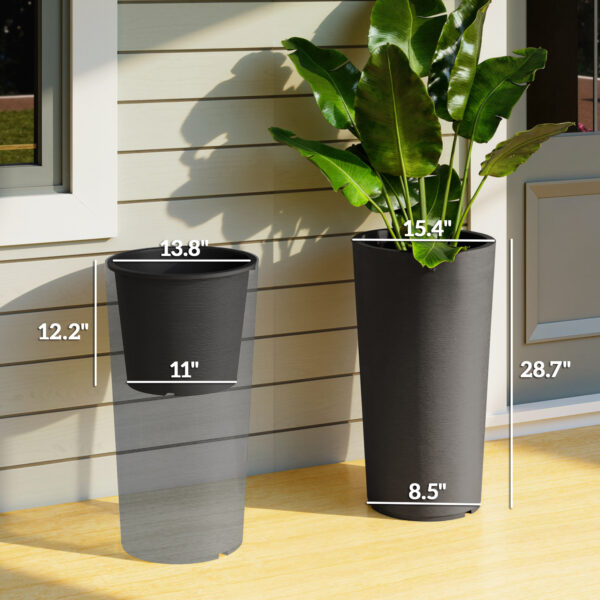 29 Inch Outdoor Planter, Set of 2 Plastic Flower Pots, Weather and UV Resistant Stackable Large Planters, Black - Image 2