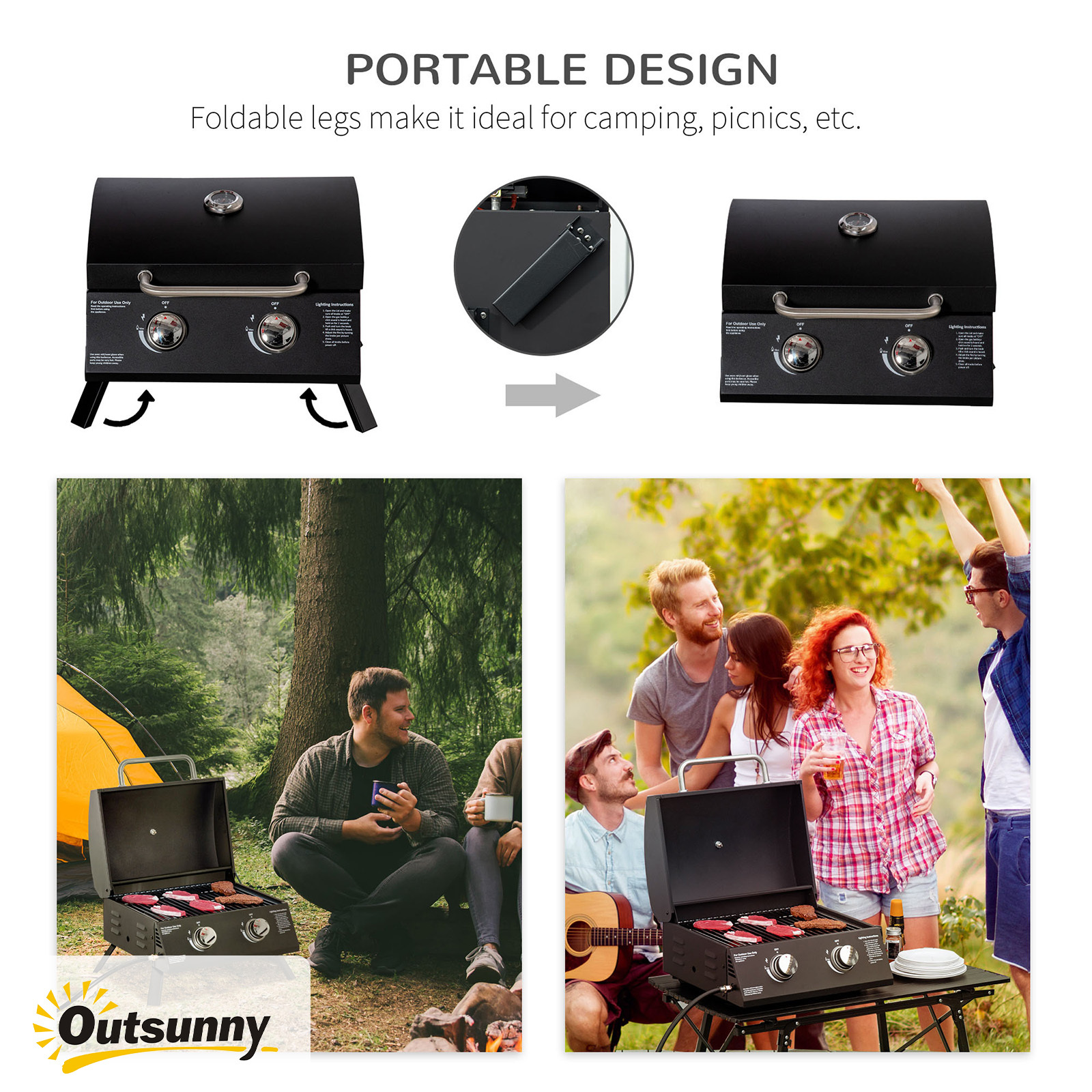 21.75" Charcoal BBQ, Portable Grill with 2 Burners, Heat-Resistant Handle, Folding Legs, Removable Ashtray, Thermometer, Carbon Steel, for Outdoor Cooking, Camping, Black - Image 6