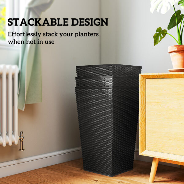 Tall Planters for Outdoor Plants Set of 3, 24 In Taper Planters with Drainage Holes, Rattan Decor Plant Pots for Indoor Outdoor Front Porch Patio Backyard, Black - Image 4