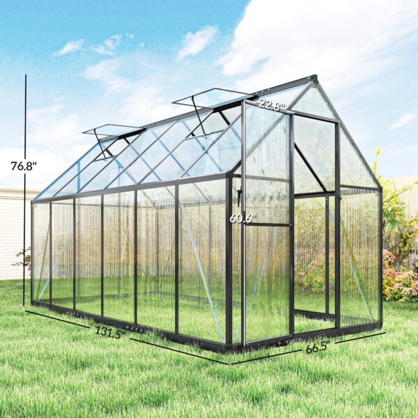 Polycarbonate Greenhouse With Swing Door And Two Adjustable Roof Vents, Aluminum Walk-in Greenhouse, 11x6 Ft, Black - Image 3