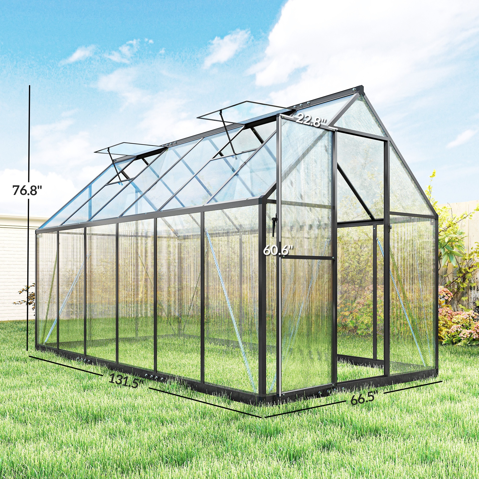 Polycarbonate Greenhouse With Swing Door And Two Adjustable Roof Vents, Aluminum Walk-in Greenhouse, 11x6 Ft, Black - Image 3