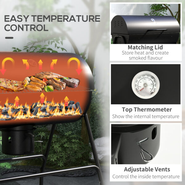 Barrel Charcoal BBQ Grill, Barbecue with 420 sq.in. Cooking Area, Wheels, Ash Catcher, Black - Image 8