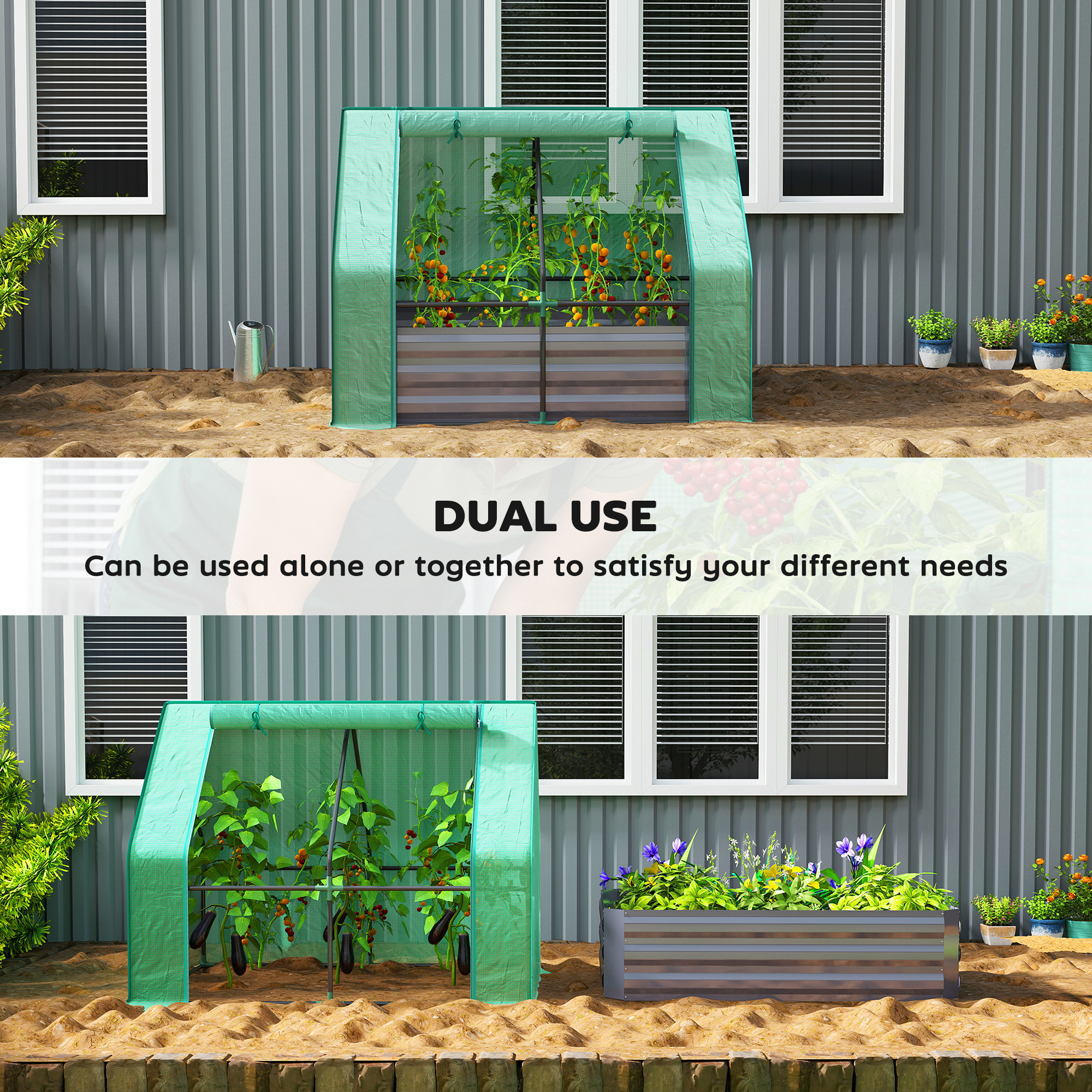 4 X 3 X 1ft Raised Garden Bed With Mini Greenhouse, Galvanized Raised Garden Bed With Cover, Green And Dark Gray - Image 2