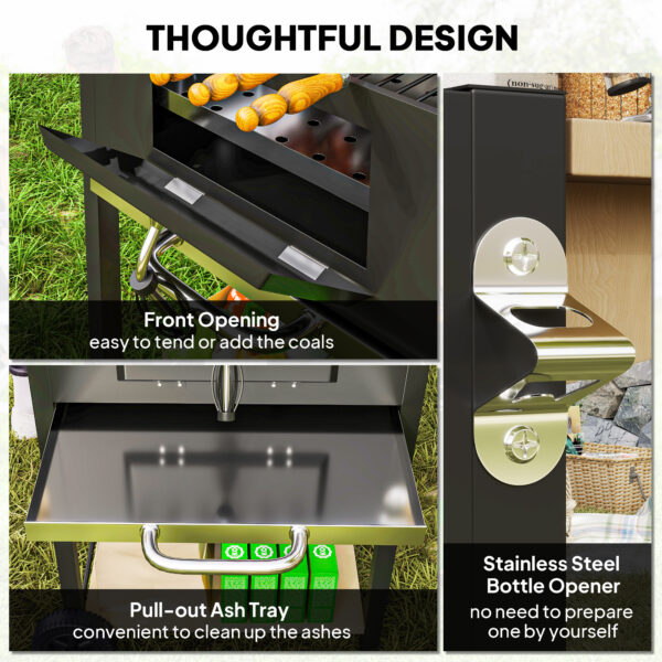 Charcoal BBQ Grill with 245 sq. in. Cooking Area, Adjustable Charcoal Pan, 3 Shelves, Thermometer, Black - Image 7