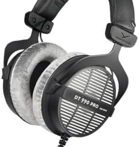 beyerdynamic DT 990 PRO, 250 Ohm, Open Back, Over Ear, Wired Professional Studio Headphones, Mixing, Music Production, Editing, Audiophile, 3m Coiled Cable, Black with Grey Velour Ear Pads : Musical Instruments