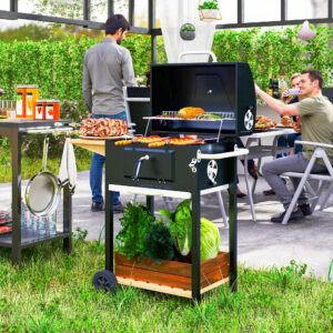 Charcoal BBQ Grill, Outdoor Portable Cooker for Camping or Backyard Picnic, Barbecue Grill with Side Table, Bottom Storage Shelf, Wheels and Handle, Black