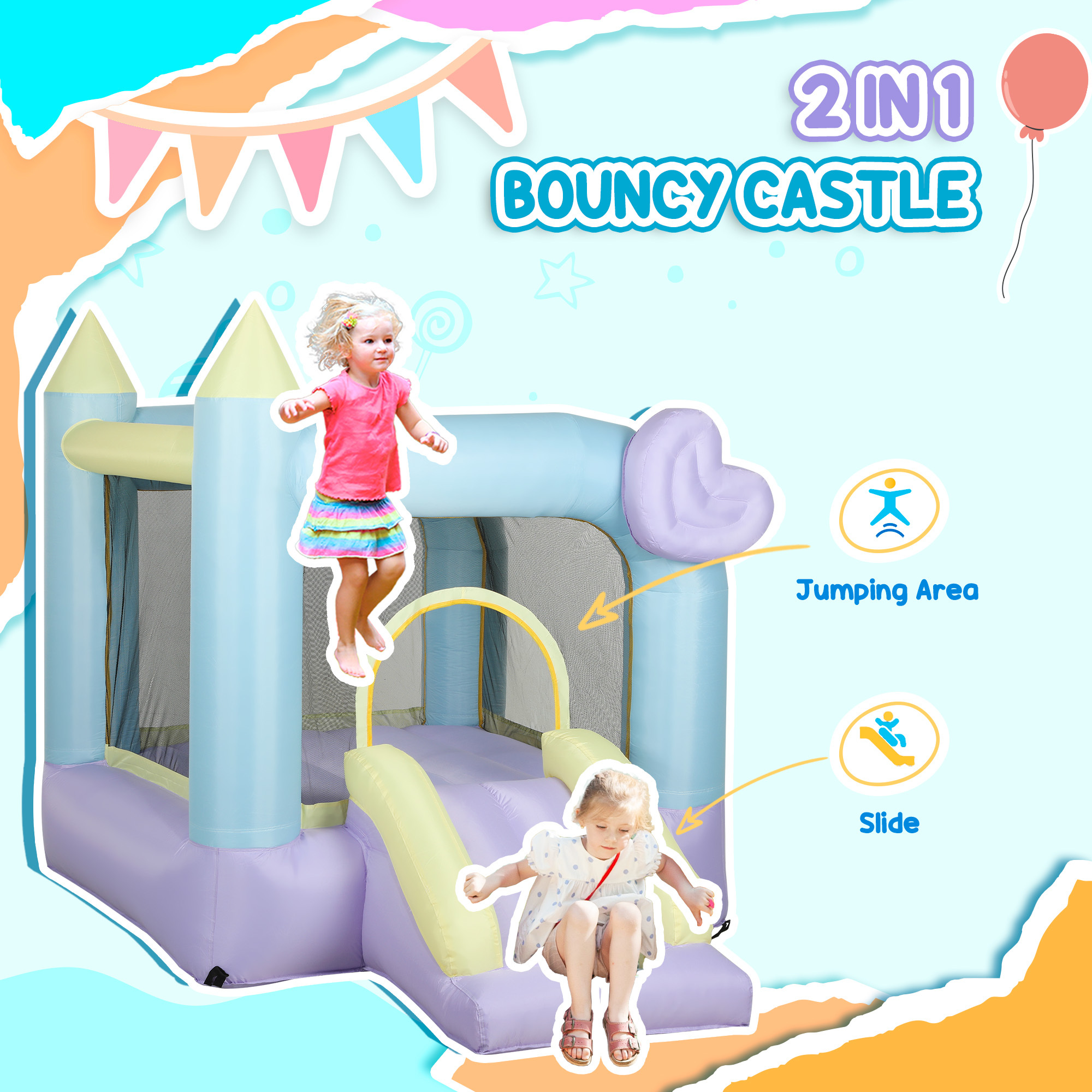 Inflatable Bounce House With Air Blower, Slide, Stakes, Repair Patches, Storage Bag, For Kids Ages 3-8, 98 X 65 X 79 - Image 2