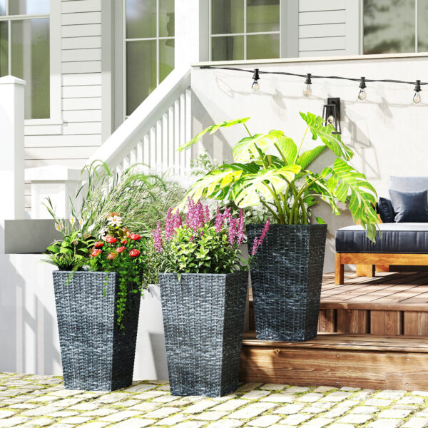 Tall Planters for Outdoor Plants Set of 3, 24 In Taper Planters with Drainage Holes, Rattan Decor Plant Pots for Indoor Outdoor Front Porch Patio Backyard, Gray - Image 8