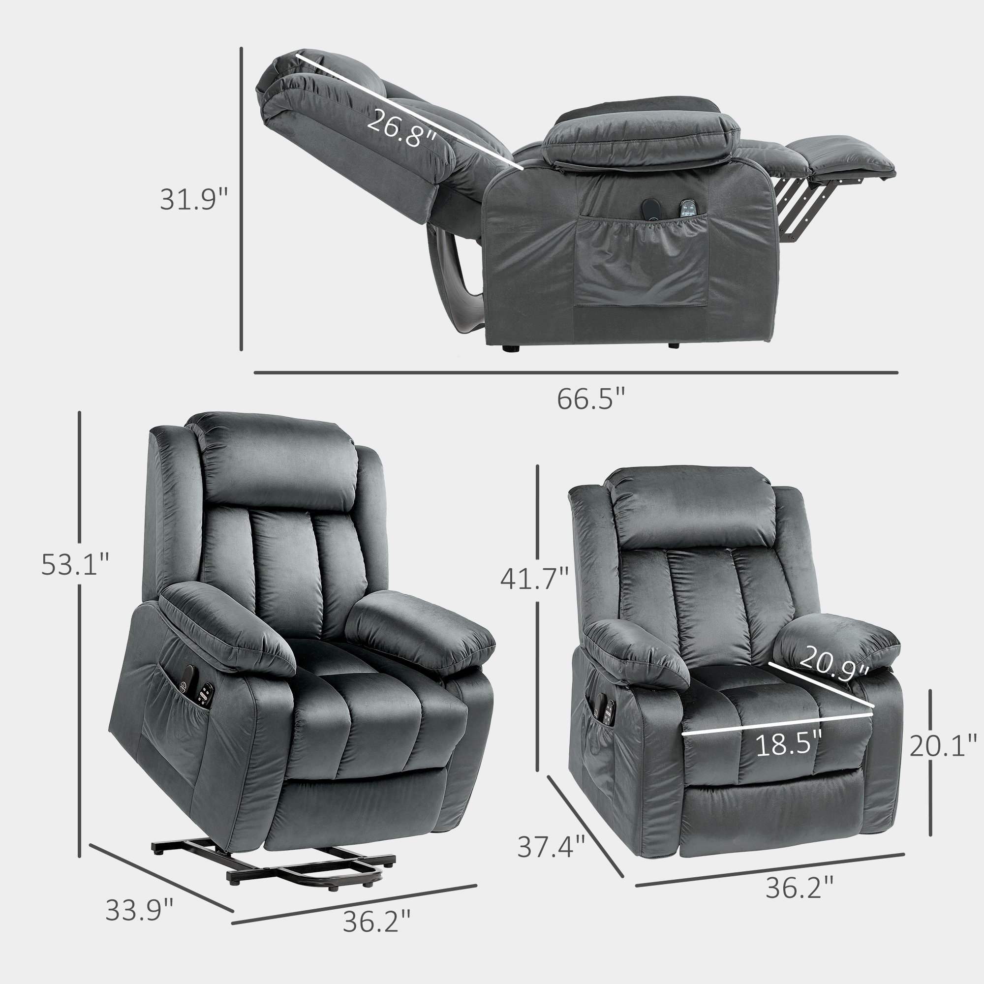 Power Lift Recliner Chair For Elderly, Electric Lift Chair With Massage And Heat, Remote Control, Gray - Image 2