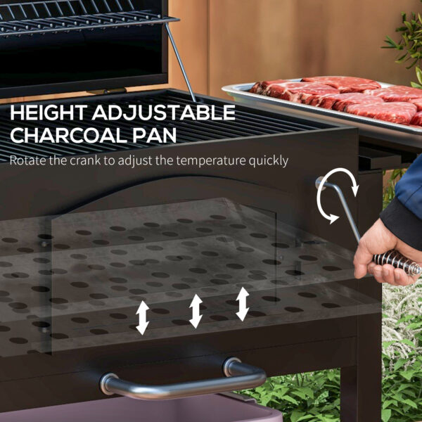 Charcoal BBQ Grill w/ Adjustable Height, Folding Shelves, Thermometer, and Wheels, Black - Image 6