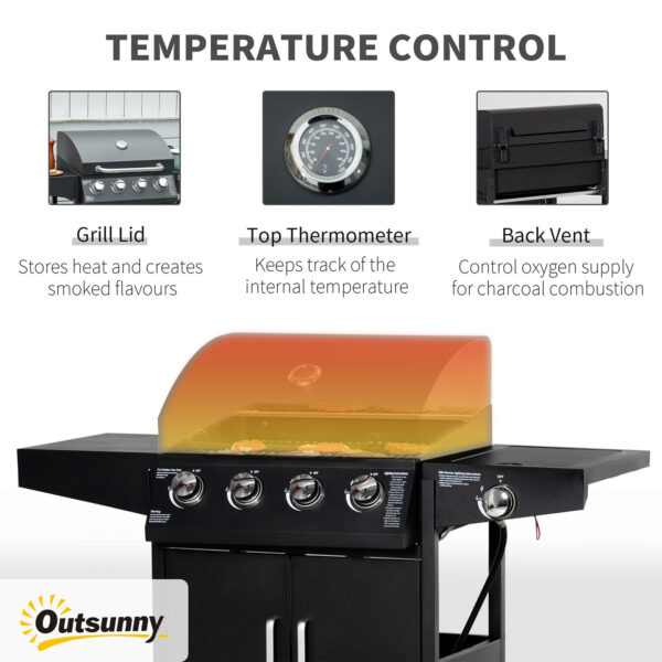 52" Barbecue Grill with Wheels 4+1 Burner Liquid Propane Gas Grill Outdoor Cabinet Style BBQ Trolley w/ Side Burner, Warming Rack - Image 6