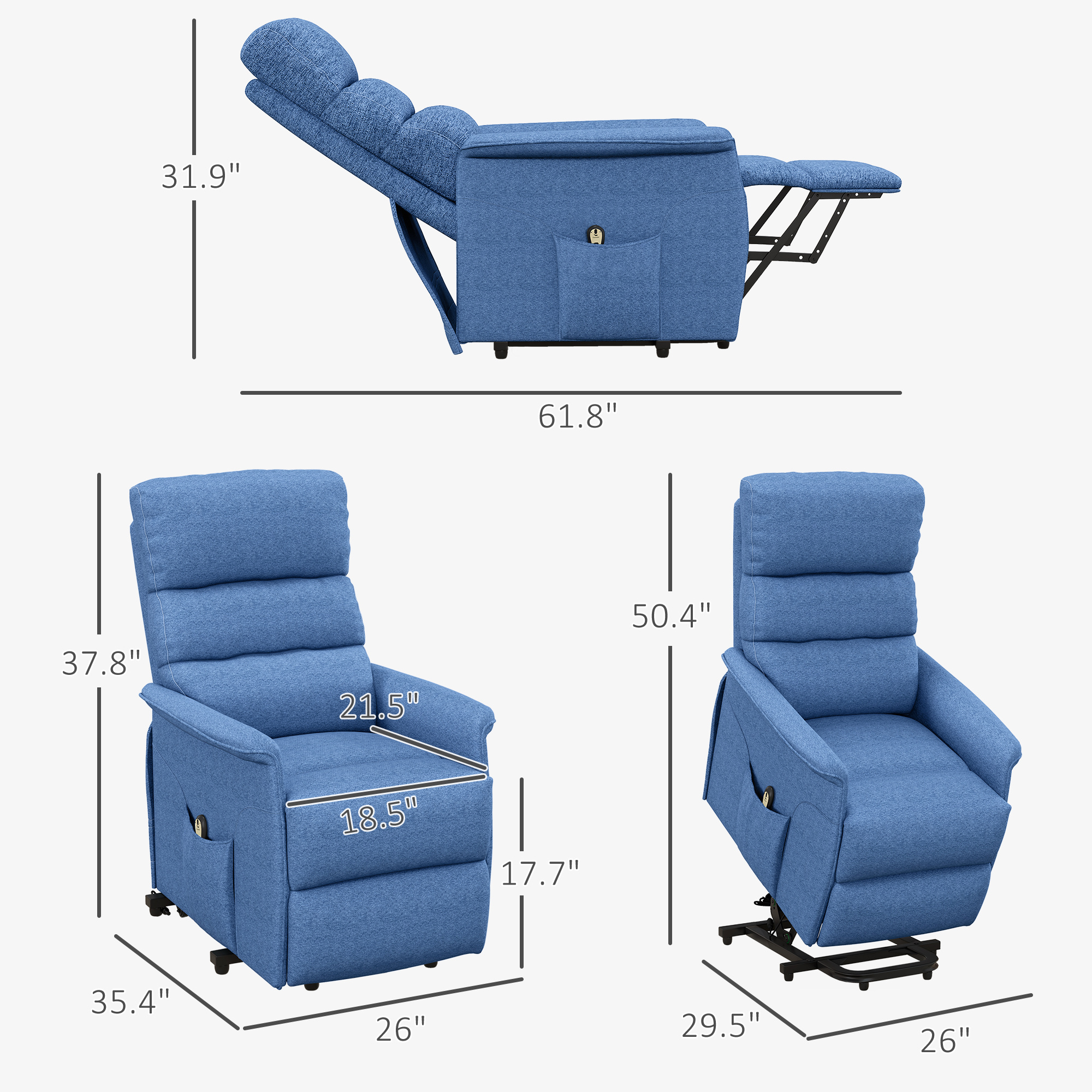 Power Lift Chair for Seniors, Electric Lift Recliner Chair with Remote Control, Side Pockets for Living Room, Blue - Image 5