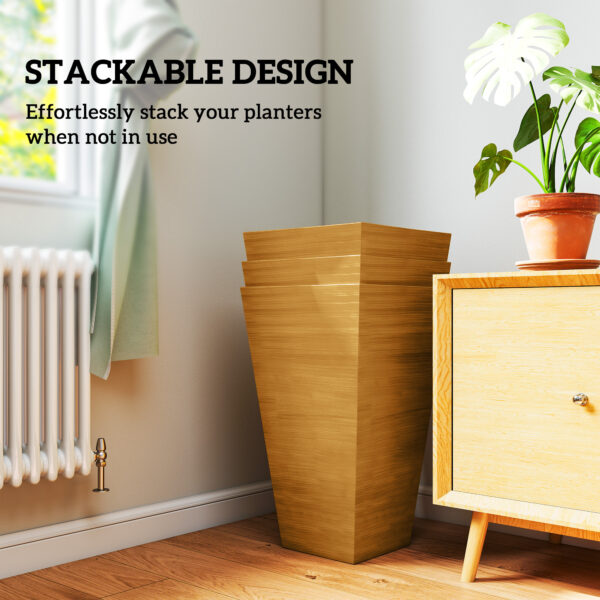 Set of 3 Tall Planters, 28" Outdoor Planter w/ Drainage Holes, Faux Wood Plastic Flower Pots, Light Brown - Image 4