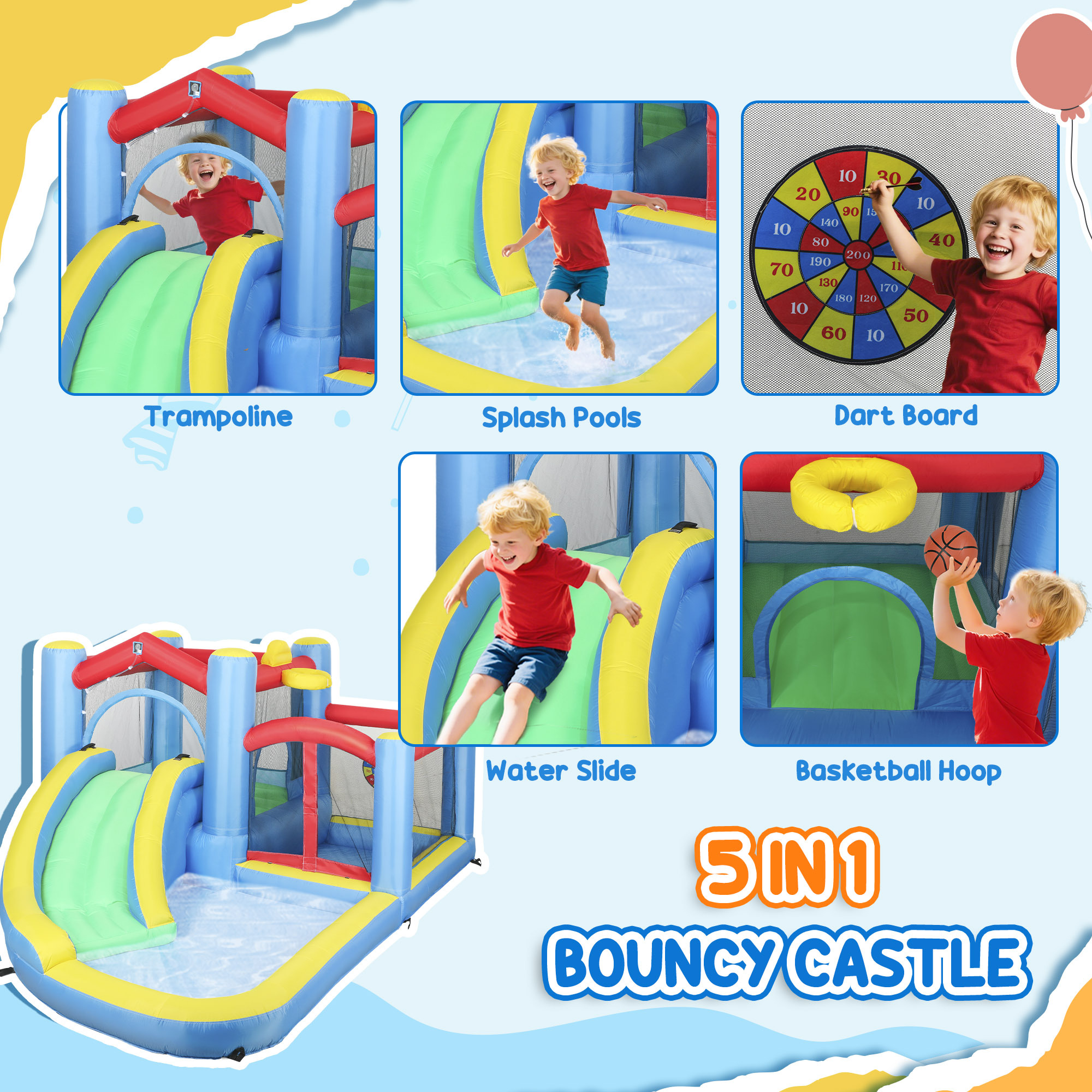 Inflatable Water Slide Bounce House W 550W Blower, Large Trampoline, Splash Pool, Basketball Hoop, Dart Board - Image 4