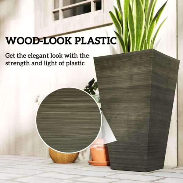 Set of 3 Tall Planters, 28" Outdoor Planter w/ Drainage Holes, Faux Wood Plastic Flower Pots, Dark Brown - Image 5