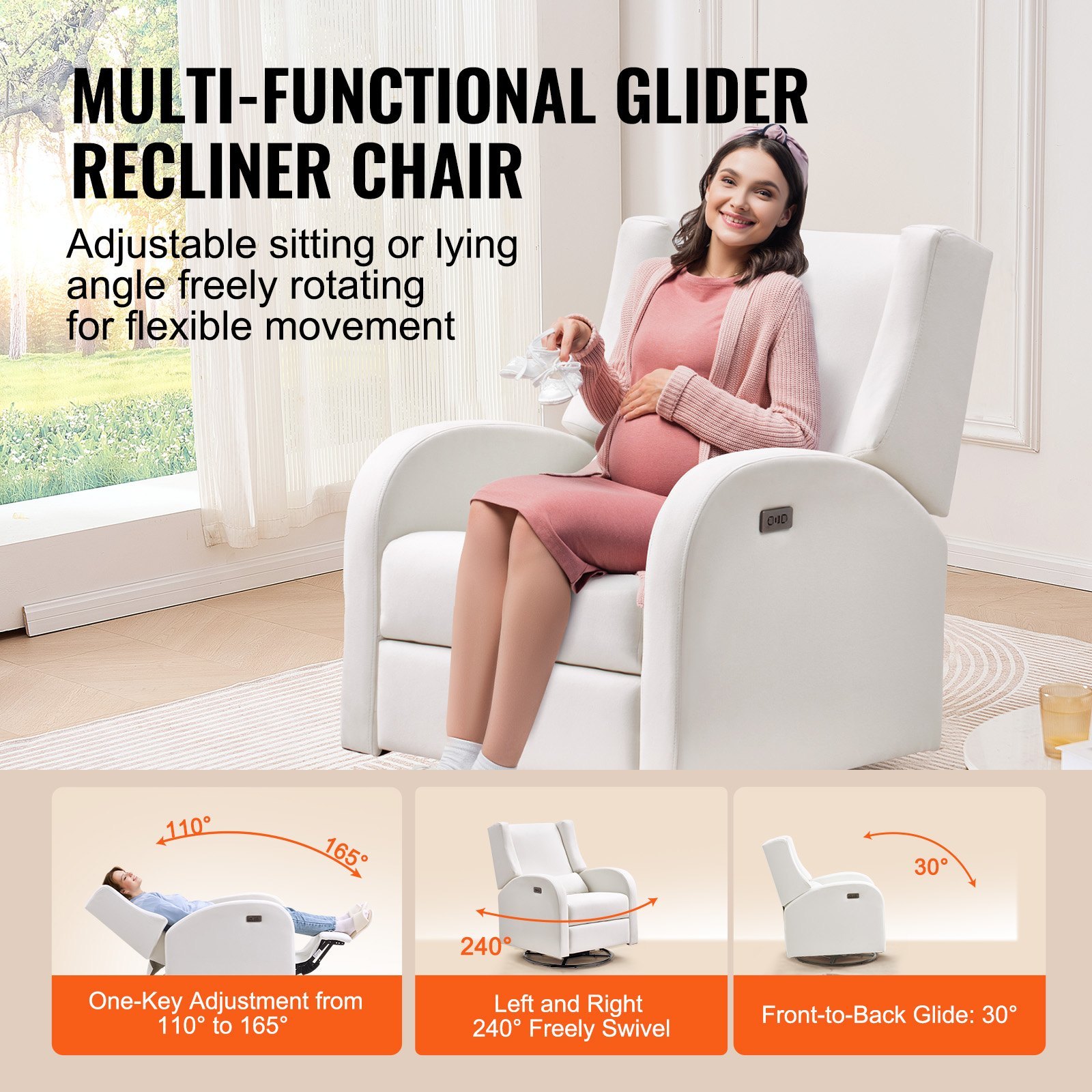 Electronic Power Recliner And Swivel Glider, 250 Lbs Weight Capacity Swivel Glider Recliner Chair With USB Port, Polyester Surface Swivel Rocker Recliner For Living Room, Bedroom, Off White - Image 5