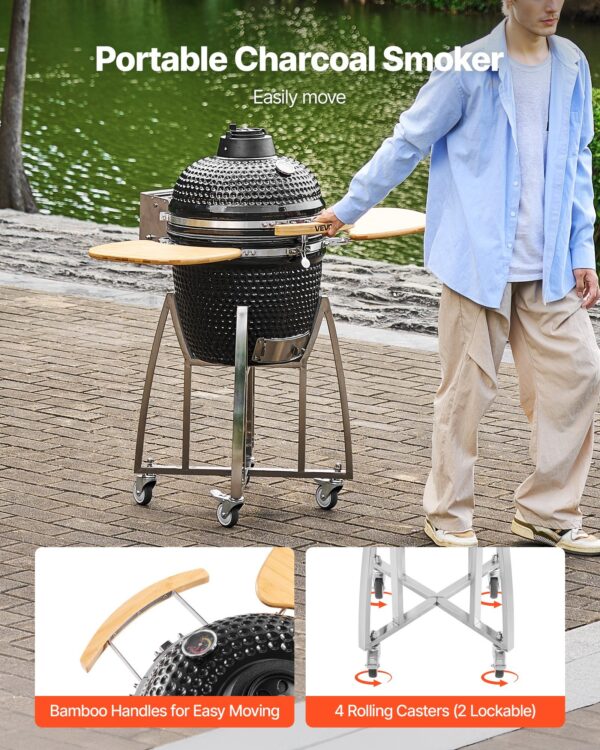 Charcoal Smoker And Grill, 18" Kamado Charcoal BBQ Smoker, Movable Ceramic Barbecue Grill With 4 Wheels (2 Lockable), Built-in Thermometer, Air Vents & Side Shelf For Outdoor Patio Yard Cooking - Image 5
