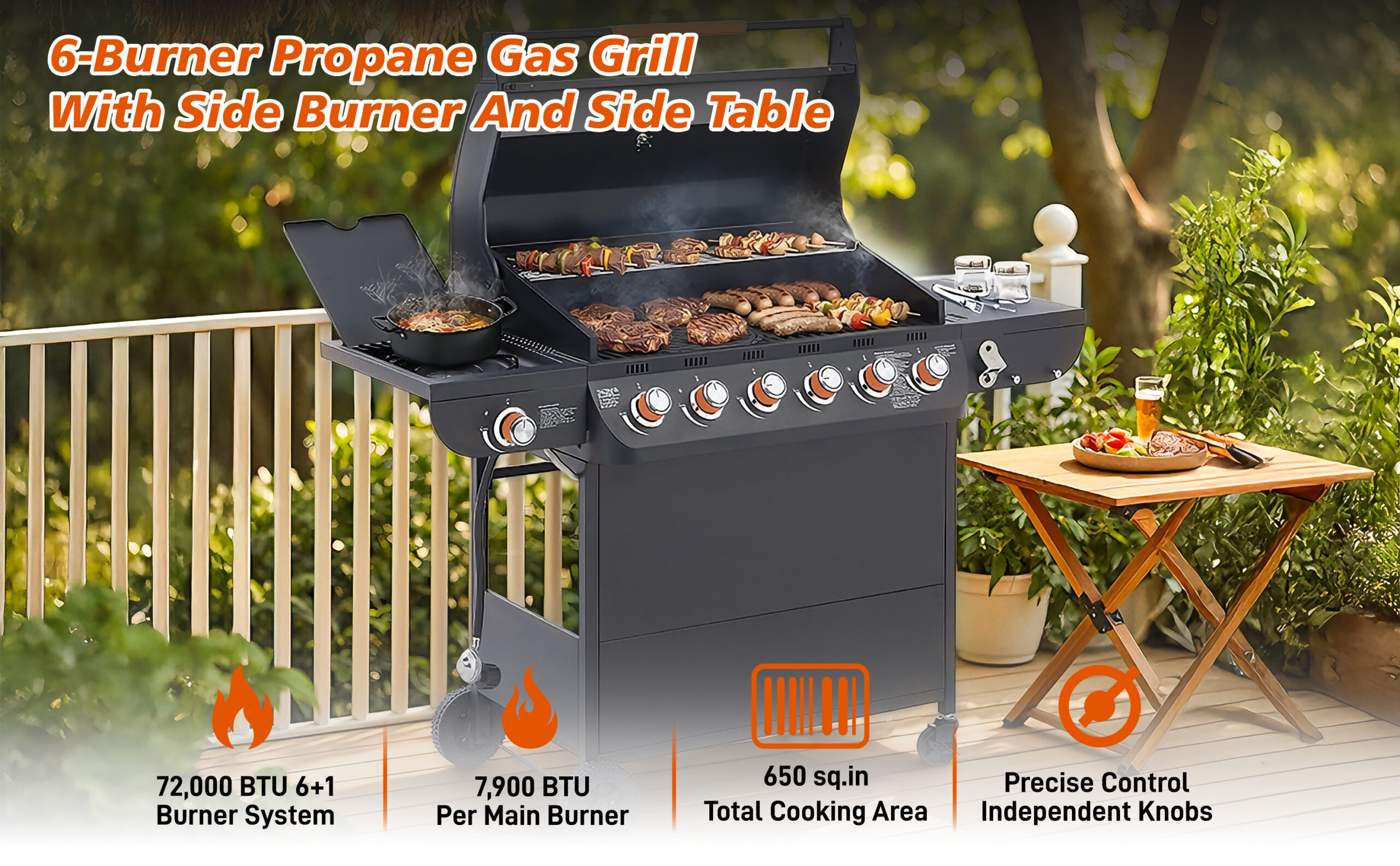 6 Burner BBQ Propane Gas Grill With Side Burner 72000 BTU Output Stainless Steel Barbecue Grill With Cast Iron Grates And Side Tables For Outdoor Cooking Kitchen And Patio Backyard. - Image 4