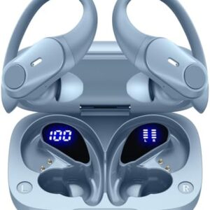 Active Noise Cancelling Wireless Earbuds Bluetooth Headphones 80H Playtime Ear Buds with Power Display Case Hi-Res Sound & Clear Calls Over Ear Hooks Earphones for Sports Running Workout Sierra Blue : Electronics