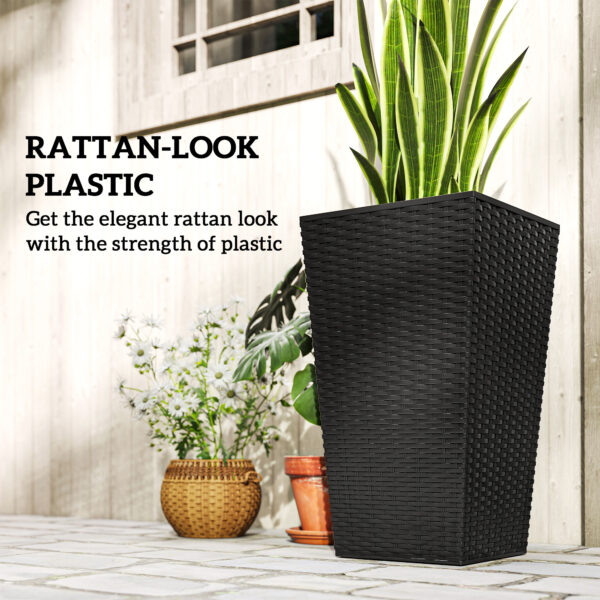 Tall Planters for Outdoor Plants Set of 3, 24 In Taper Planters with Drainage Holes, Rattan Decor Plant Pots for Indoor Outdoor Front Porch Patio Backyard, Black - Image 2