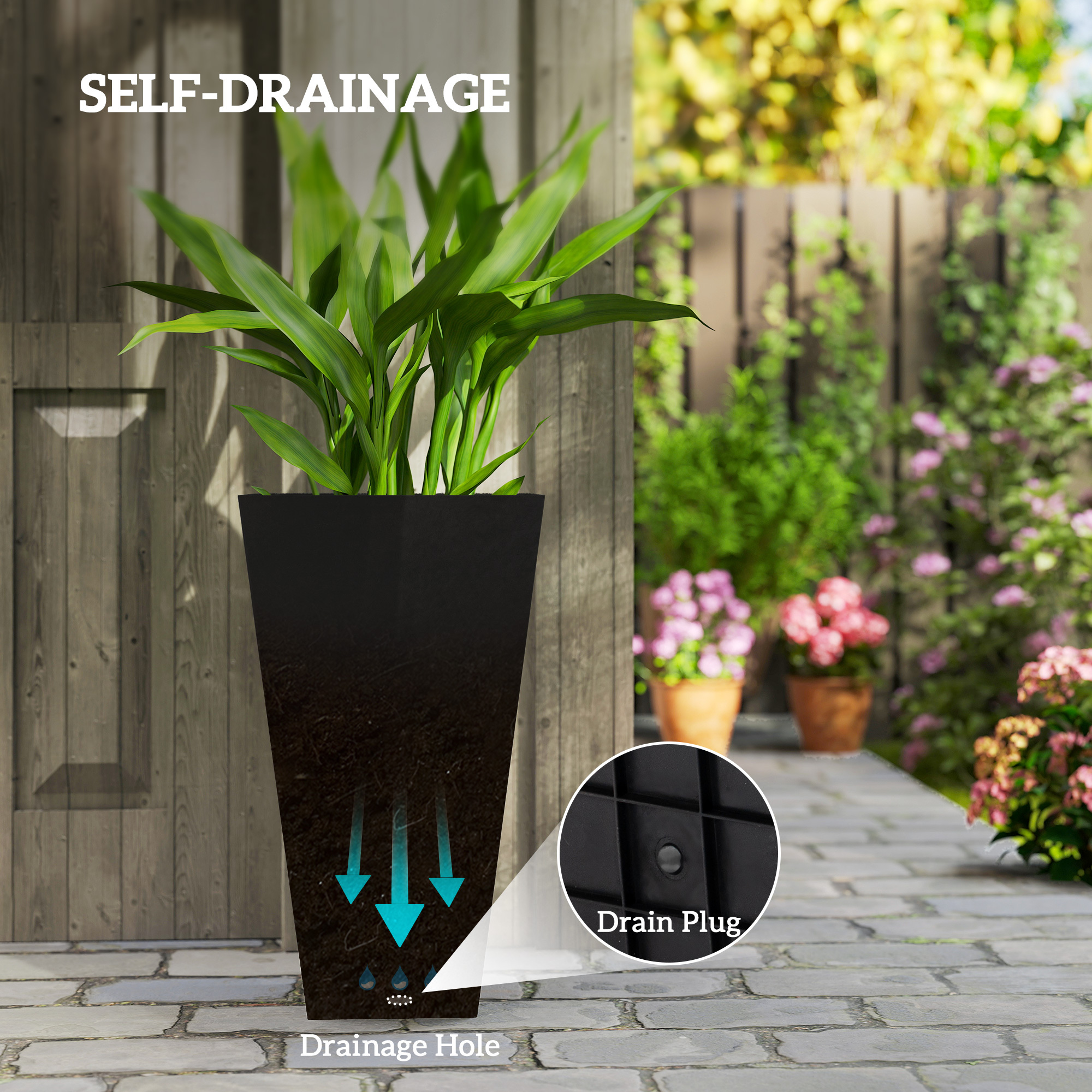 Tall Planters For Outdoor Plants Set Of 3, 28 In Taper Planters With Drainage Holes, Indoor Grande Plant Pots, Front Porch Decor (Black) - Image 4