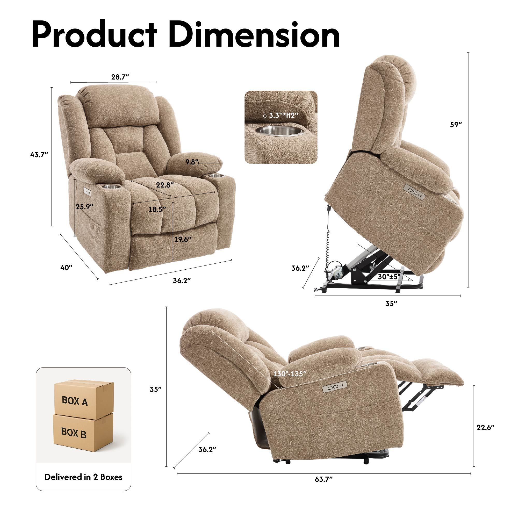 Power Lift Recliner Chair With Massage & Heat, Single Motor Lift Chair, Chenille Fabric Upholstery, USB Type-C, Cup Holders, Side Pockets, Light Brown - Image 3