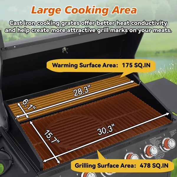 6 Burner BBQ Propane Gas Grill With Side Burner 72000 BTU Output Stainless Steel Barbecue Grill With Cast Iron Grates And Side Tables For Outdoor Cooking Kitchen And Patio Backyard. - Image 2