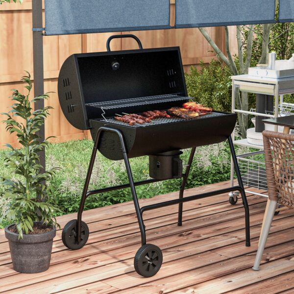 Barrel Charcoal BBQ Grill, Barbecue with 420 sq.in. Cooking Area, Wheels, Ash Catcher, Black - Image 4