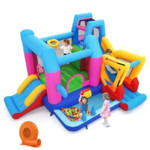Kids Inflatable Castle,Excavator-Themed Inflatable Bounce House, Multi-Play Features With Slide, Ball Pit & Blower (Multi-color)