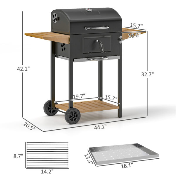 Charcoal BBQ Grill with 245 sq. in. Cooking Area, Adjustable Charcoal Pan, 3 Shelves, Thermometer, Black - Image 4