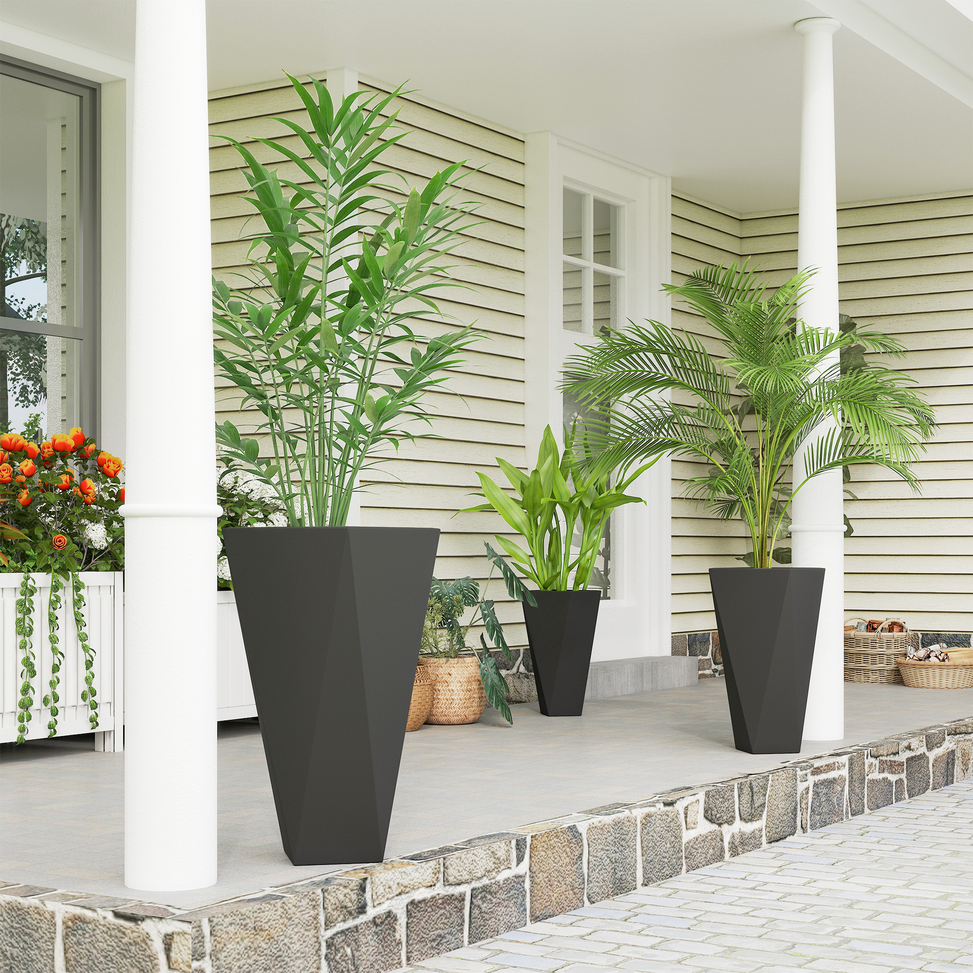 Indoor Outdoor Planters Set Of 3 MgO Tall Planters Stackable Flower Pots With Drainage Holes For Garden, Balcony, Black