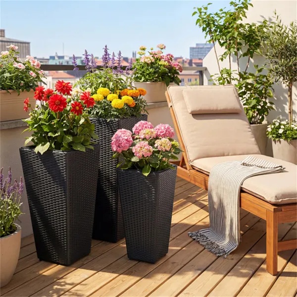 Set Of 3 PP Rattan Wicker Planters With Metal Frame & Inner Pots, Stackable Tall Plant Pots For Indoor Outdoor - Image 2