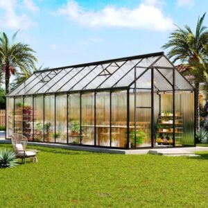 AMERLIFE 6x20 Ft Polycarbonate Greenhouse for Outdoors, Walk-in Design with Aluminum Frame, 2 Windows and Swing Door, Heavy-Duty Greenhouse Construction for Garden, Black : Patio, Lawn & Garden