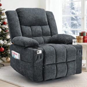 Korser 360° Swivel Rocker Recliner for Adults, Nursery Glider Recliner with Massage and Heating, Rocking Chair with Cup Holder, Manual Recliner Chair for Living Room, Bedroom (Fabric, Dark Gray) : Home & Kitchen