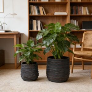 Large Round Planters Set Of 2 16.14x15.75 & 11.8 X11.42 - Lightweight Magnesium Oxide Plant Pot With Texture -Concrete Planter Pots With Drainage Hole - Indoor & Outdoor Use