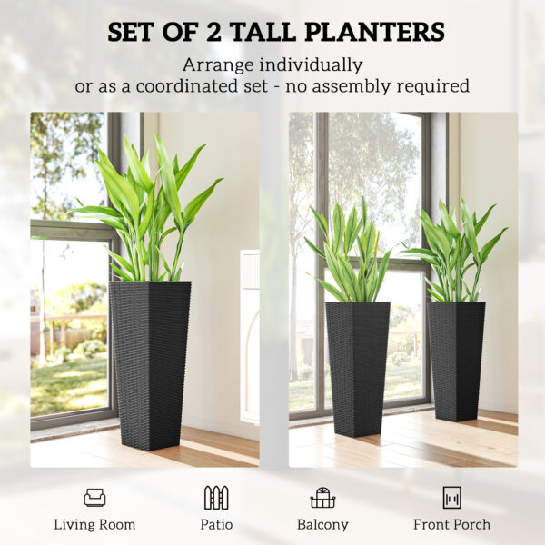 32 Inch Tall Planters for Outdoor Plants, Set of 2 Plastic Flower Pots with Drainage Holes, Black - Image 4