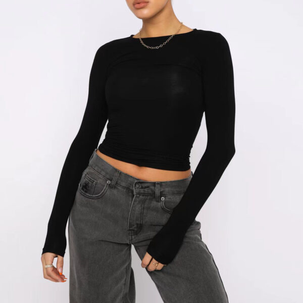 Women's Clothing Fashion Slim Long-sleeved Pullovers Tops Solid Causal Fit Shirts - Image 3