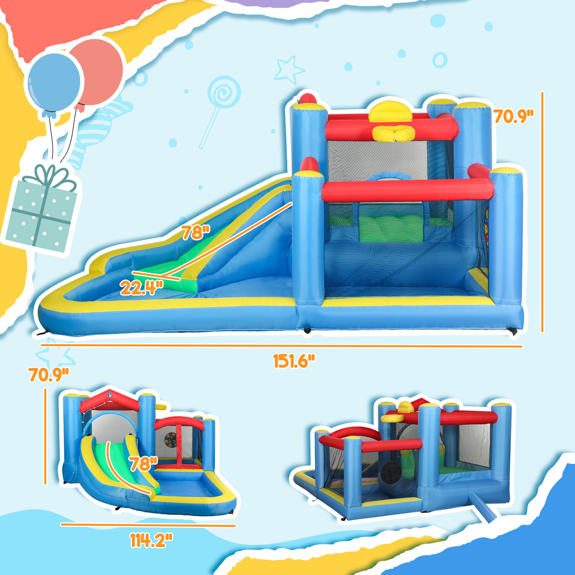 Inflatable Water Slide Bounce House W 550W Blower, Large Trampoline, Splash Pool, Basketball Hoop, Dart Board - Image 3