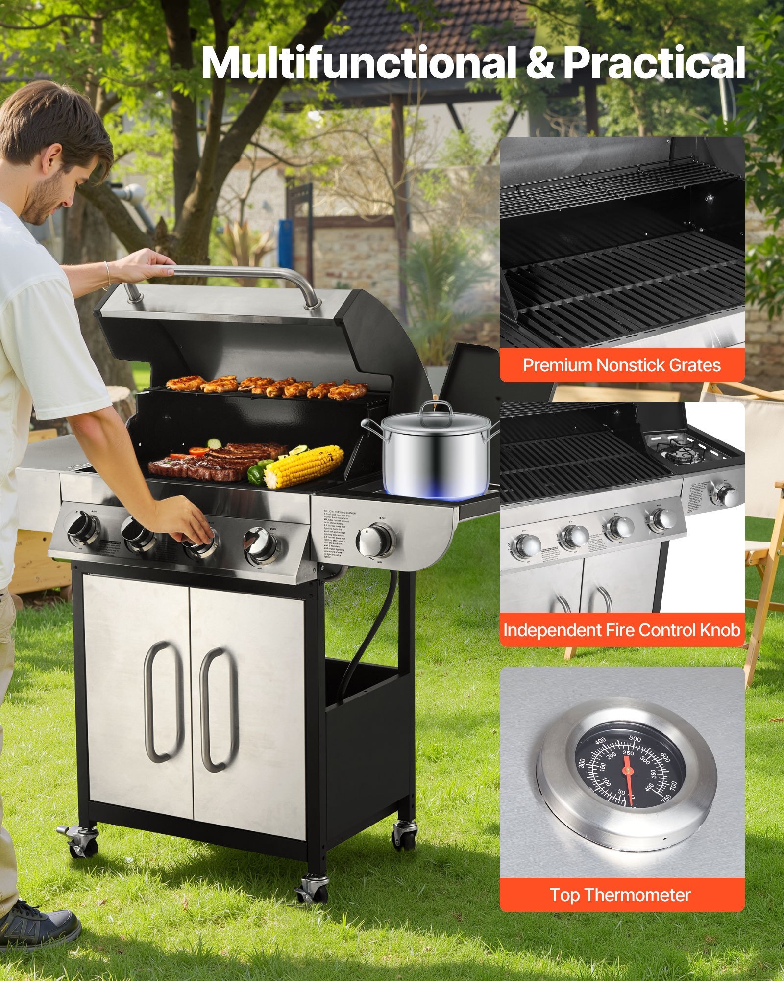 Gas Grill, 4 Burner Propane Gas Grill With Side Burner, 425 SQ.In Grilling Area, Carbon Steel Enamel Grates, Outdoor 52,000 BTU Patio Garden BBQ Grills With Two Side Shelves, Stainless Steel - Image 2